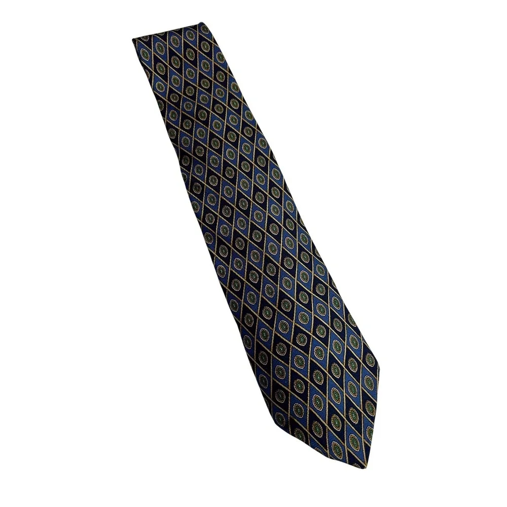 Tommy Hilfiger Silk Tie Mens OS Blue Geometric Diamond Medallion Made in USA A54